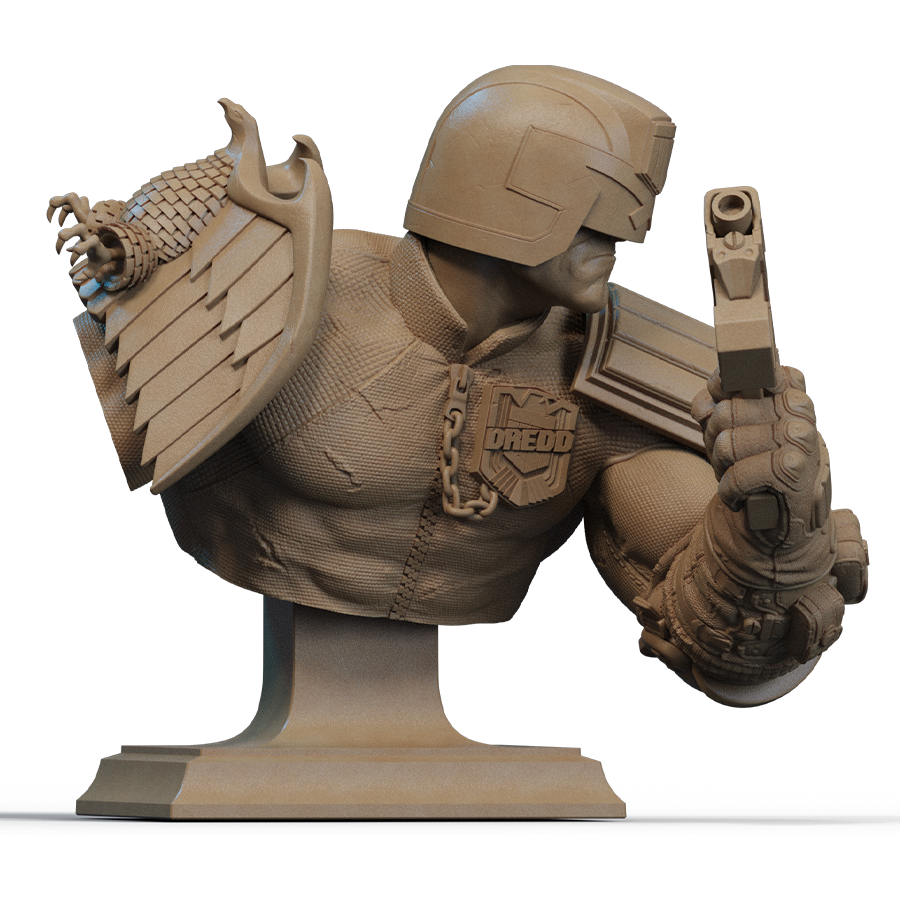 Judge Dredd resin bust in comic book style with helmet and futuristic armor, sculpted by CA3D