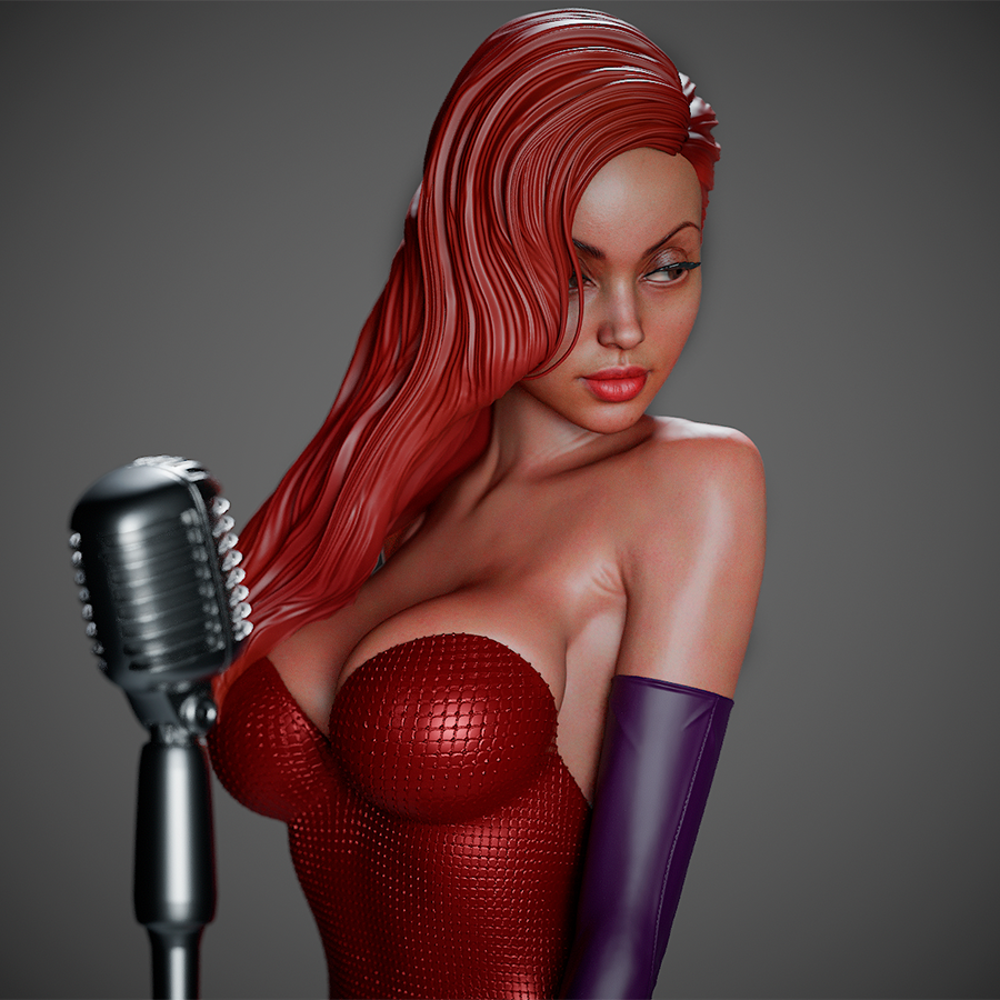 Jessica Rabbit full figure in red dress holding microphone, sculpted by CA3D