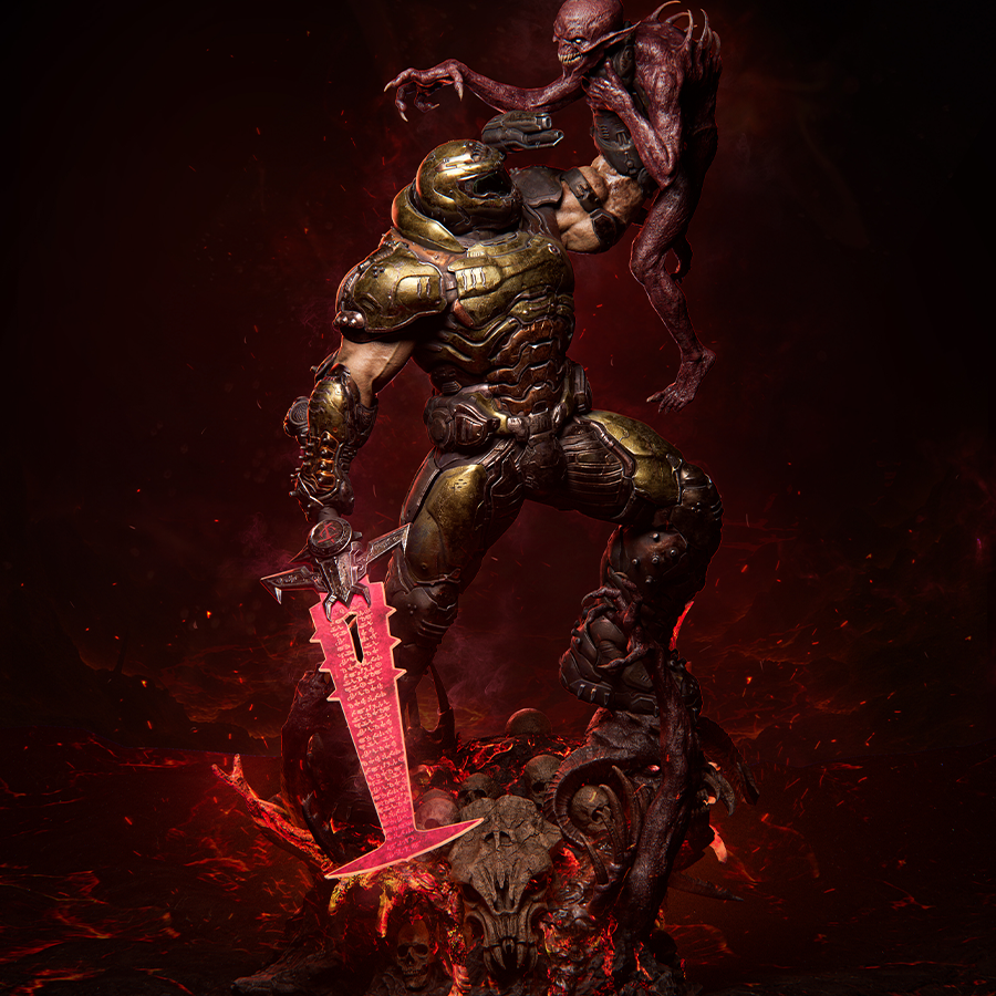 Doom resin figure holding a sword and creature above a skull-covered base