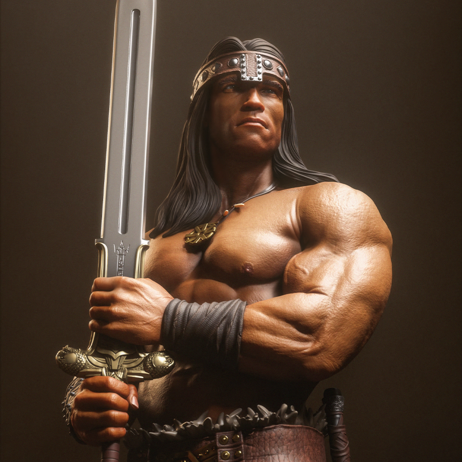 Resin figure of Conan the Barbarian holding a sword upright on a rocky base