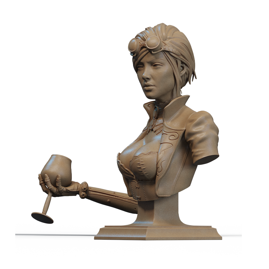 Unpainted resin kit of Lady Mechanika bust showing figure and base parts
