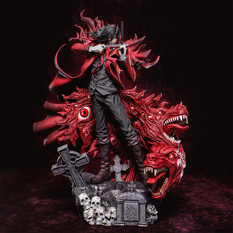 Resin figure of Alucard from Hellsing with coat, hat, and pistols drawn on gothic base