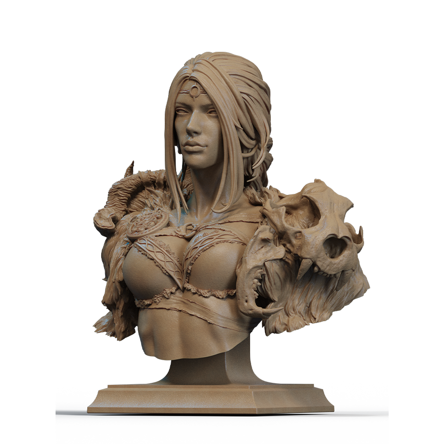 Barbarian Queen resin bust with armor, flowing hair, and fierce expression
