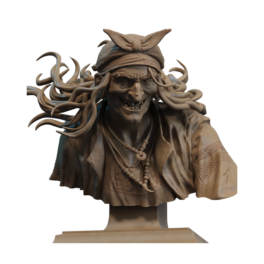 Baba Yaga resin bust with wild hair and aged expression, inspired by Slavic mythology