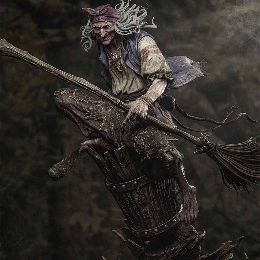 Full resin figure of Baba Yaga with wild hair and robes, standing on a folklore-themed base