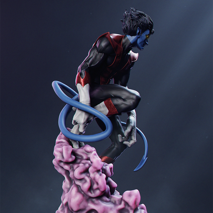 Full resin figure of Nightcrawler from X-Men in crouched pose with tail and superhero costume