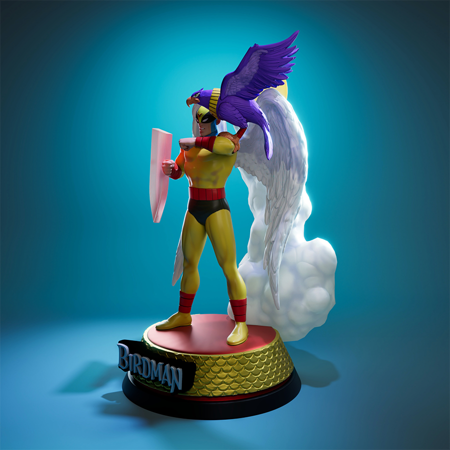 Birdman resin figure in heroic pose with wings and visor, inspired by classic cartoons