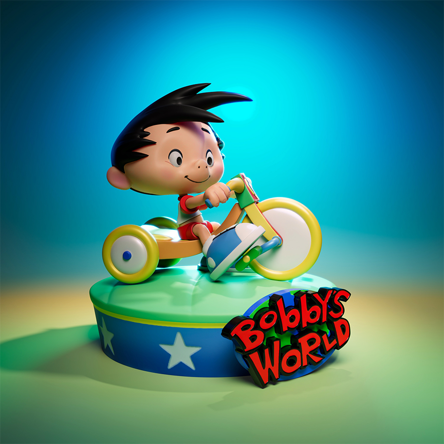 Bobby from Bobby’s World riding a 3-wheeler resin figure in cartoon style