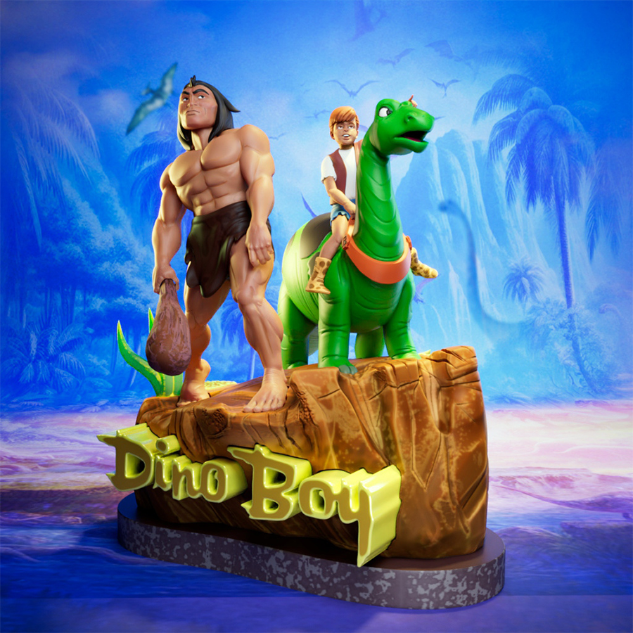Dino Boy diorama with boy riding brontosaurus and caveman companion in cartoon style