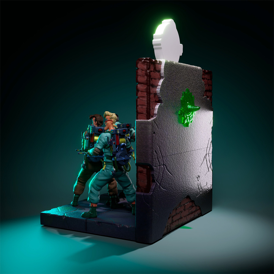 Full Real Ghostbusters diorama with all four characters, city base, Slimer busting through wall, and Ghostbusters logo on top
