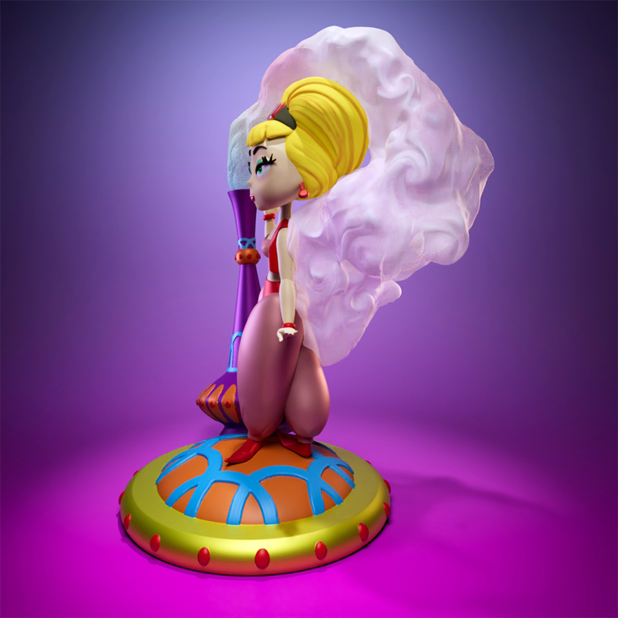 Unpainted 3D printed diorama kit of Jeannie from I Dream of Jeannie standing with smoke and bottle base – 8-piece resin model.