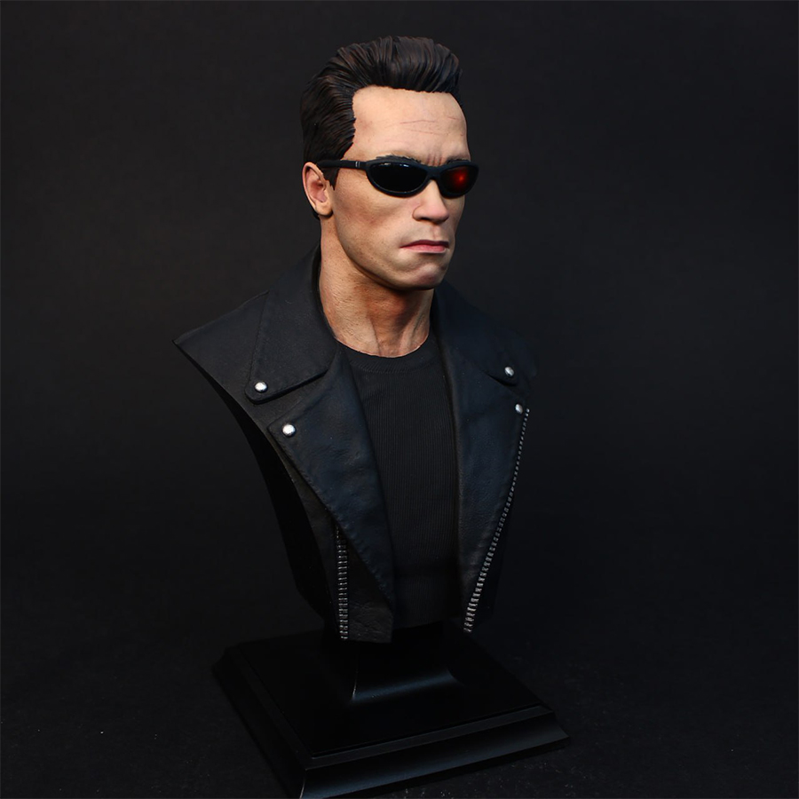 1/6 scale grey resin Terminator bust by CA3D, unpainted and unassembled, with painted sample by Joe Hudson