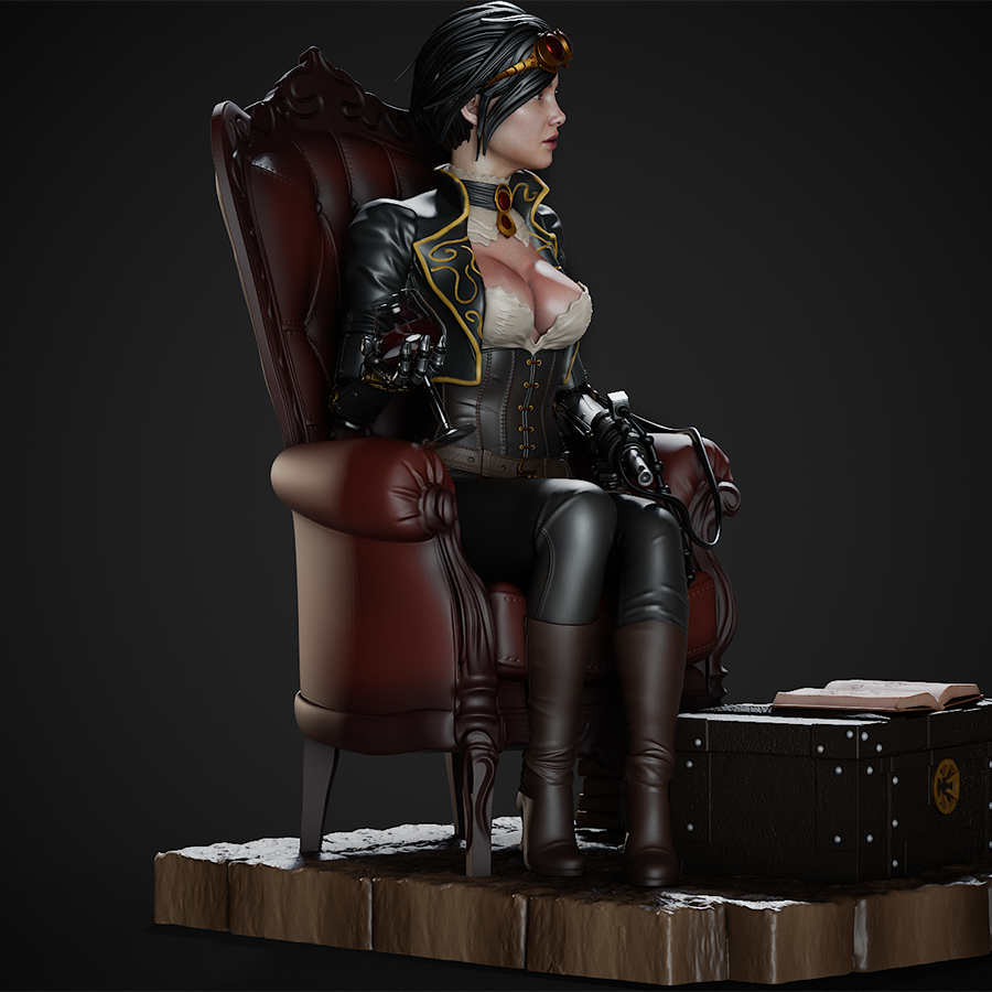 Unassembled resin kit of Lady Mechanika showing gear and clothing details