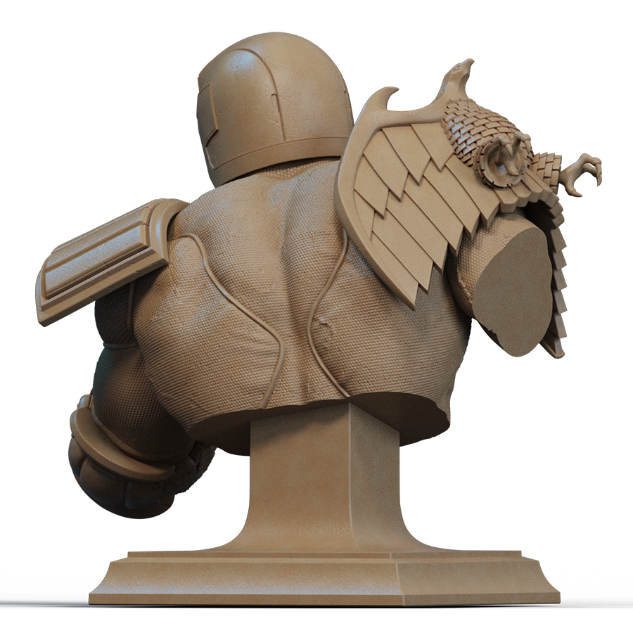 Judge Dredd resin bust in comic book style with helmet and futuristic armor, sculpted by CA3D