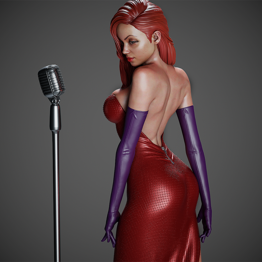 Jessica Rabbit full figure in red dress holding microphone, sculpted by CA3D