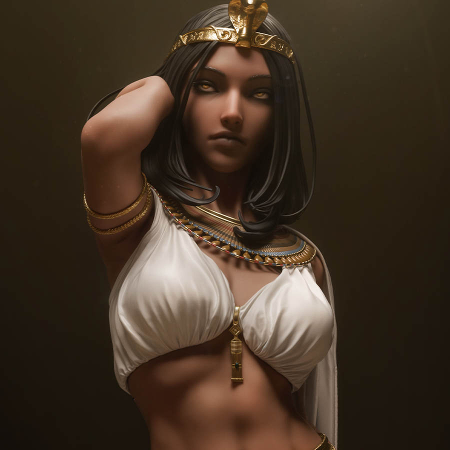 Resin figure of Cleopatra in ancient Egyptian dress, standing on themed base