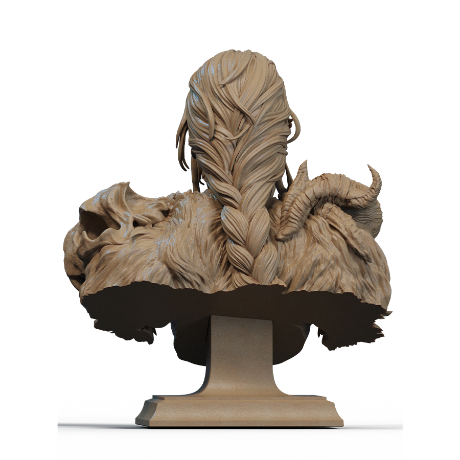 Barbarian Queen resin bust with armor, flowing hair, and fierce expression