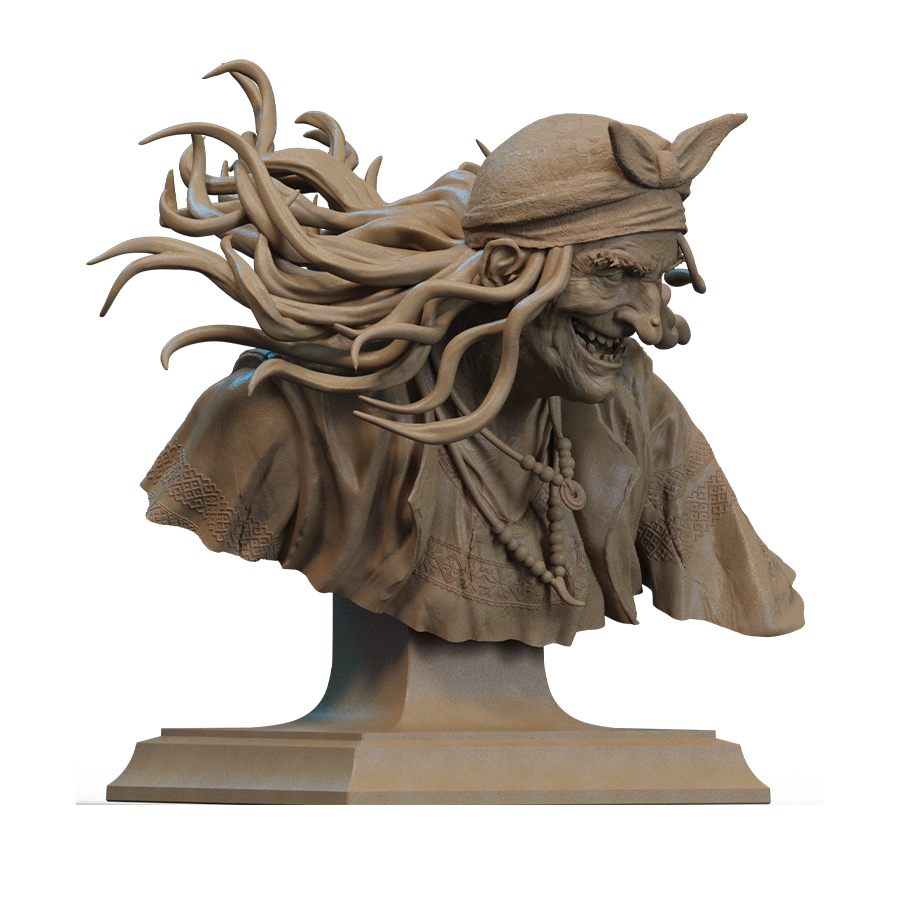 Baba Yaga resin bust with wild hair and aged expression, inspired by Slavic mythology