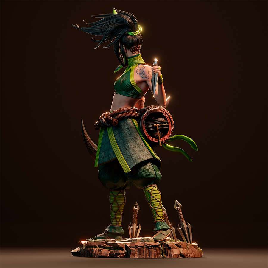 Akali full figure from League of Legends in dynamic ninja pose with dual weapons