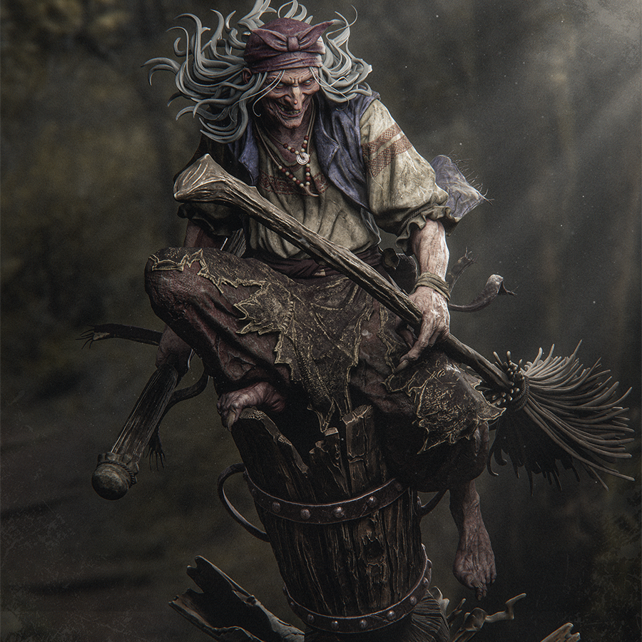 Full resin figure of Baba Yaga with wild hair and robes, standing on a folklore-themed base