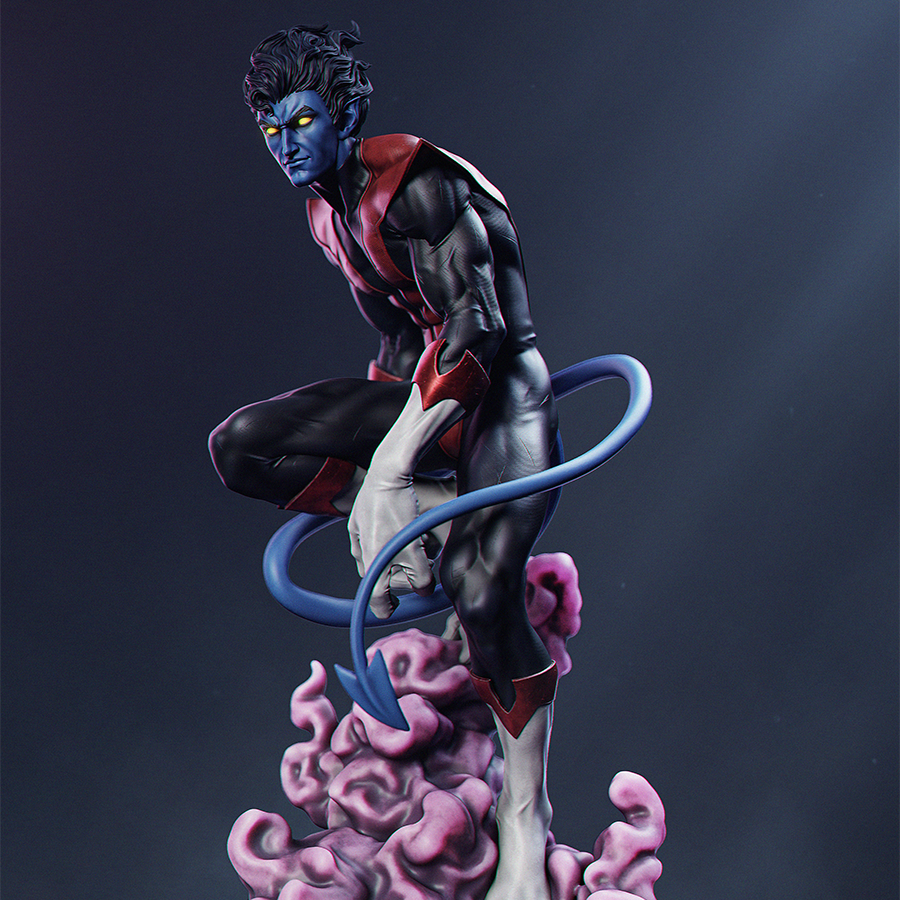 Full resin figure of Nightcrawler from X-Men in crouched pose with tail and superhero costume