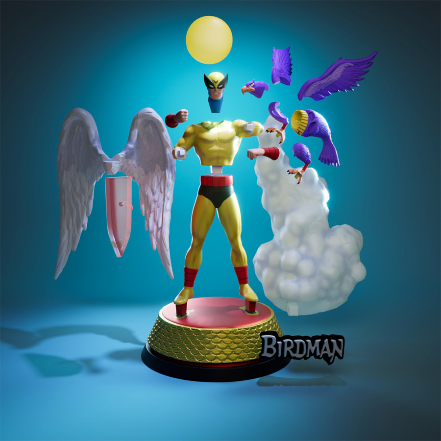 Birdman resin figure in heroic pose with wings and visor, inspired by classic cartoons
