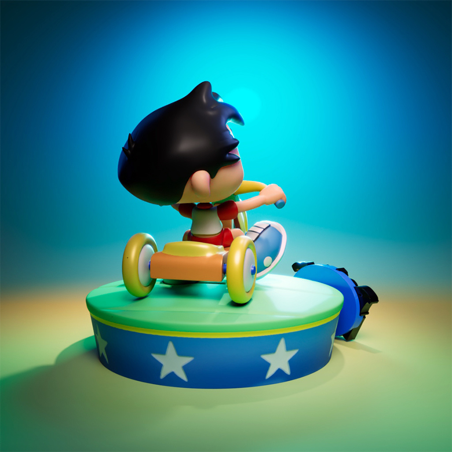 Bobby from Bobby’s World riding a 3-wheeler resin figure in cartoon style