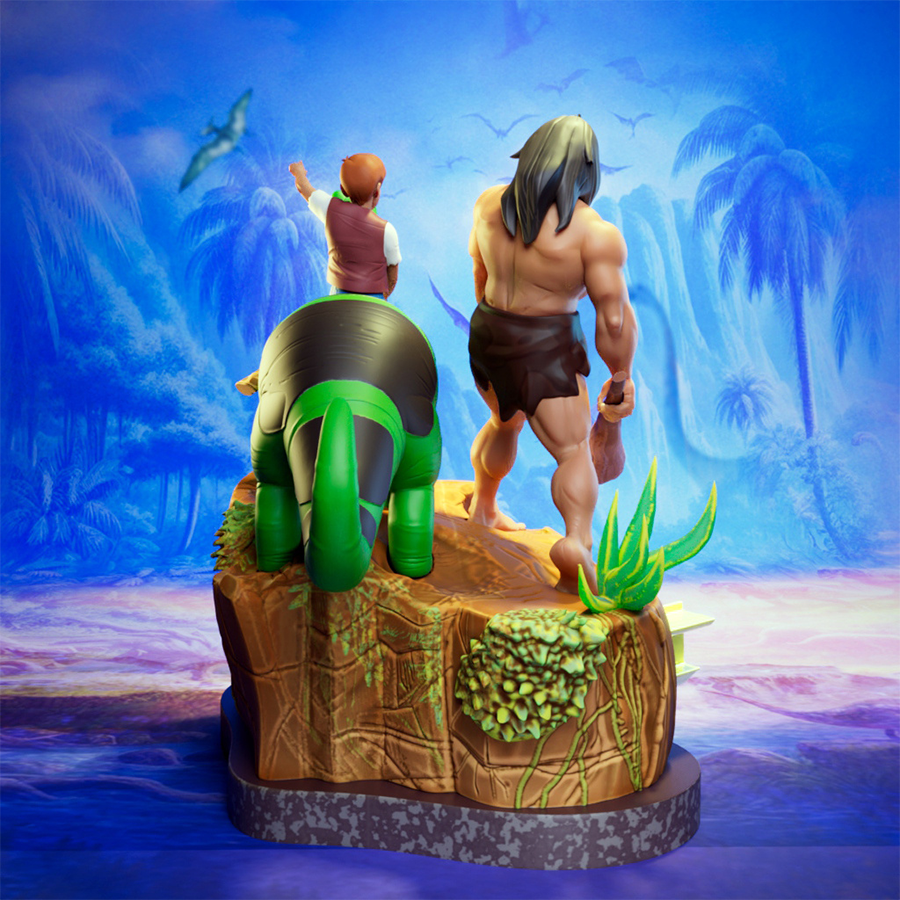 Dino Boy diorama with boy riding brontosaurus and caveman companion in cartoon style