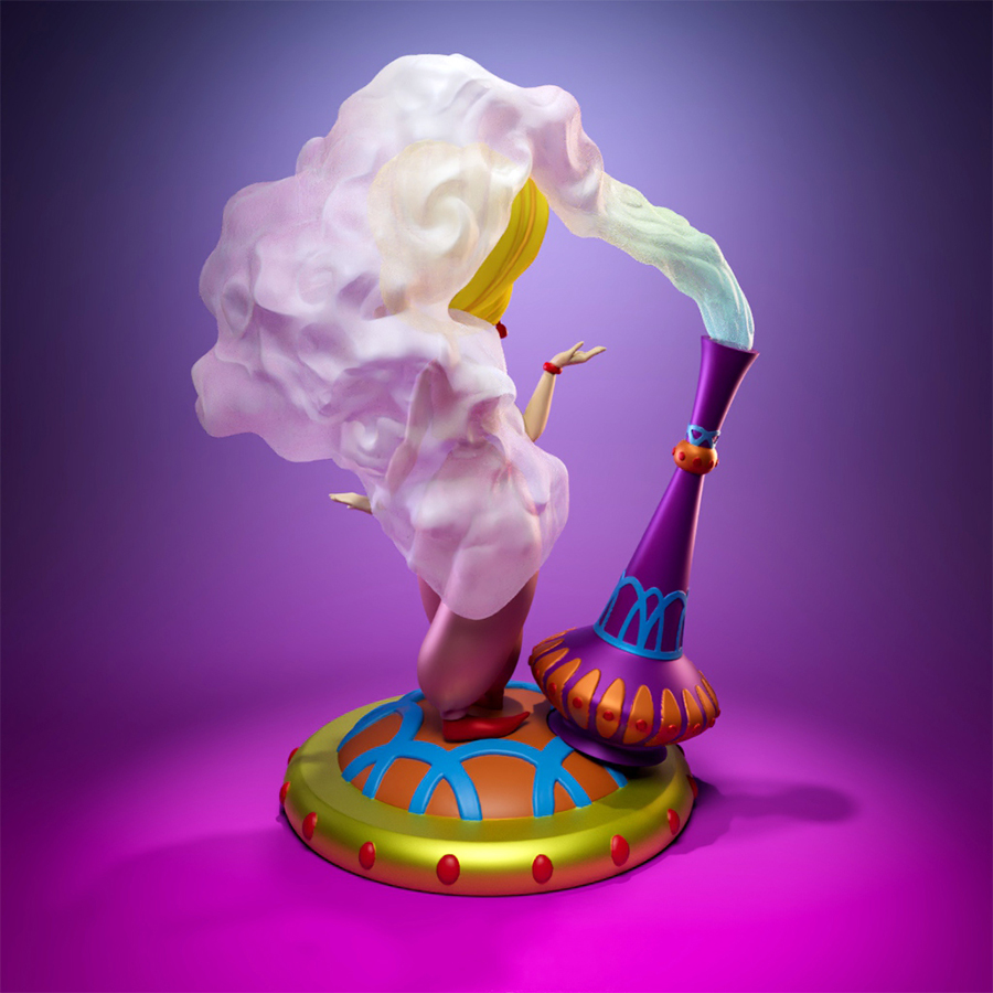 Unpainted 3D printed diorama kit of Jeannie from I Dream of Jeannie standing with smoke and bottle base – 8-piece resin model.