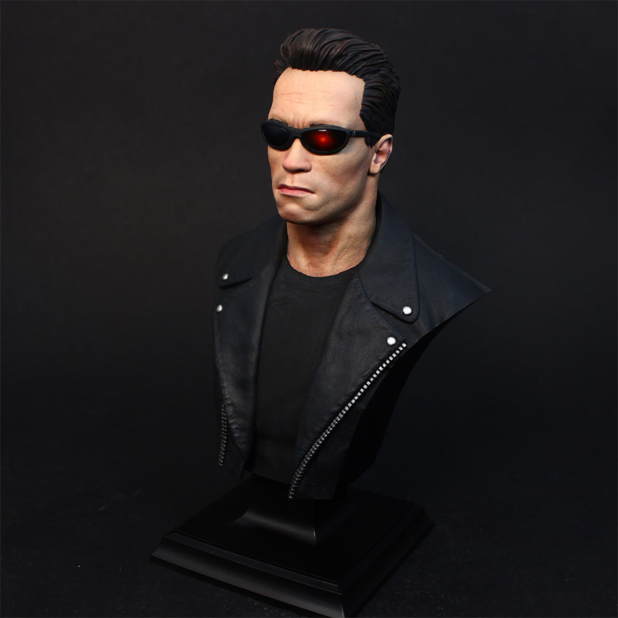 1/6 scale grey resin Terminator bust by CA3D, unpainted and unassembled, with painted sample by Joe Hudson