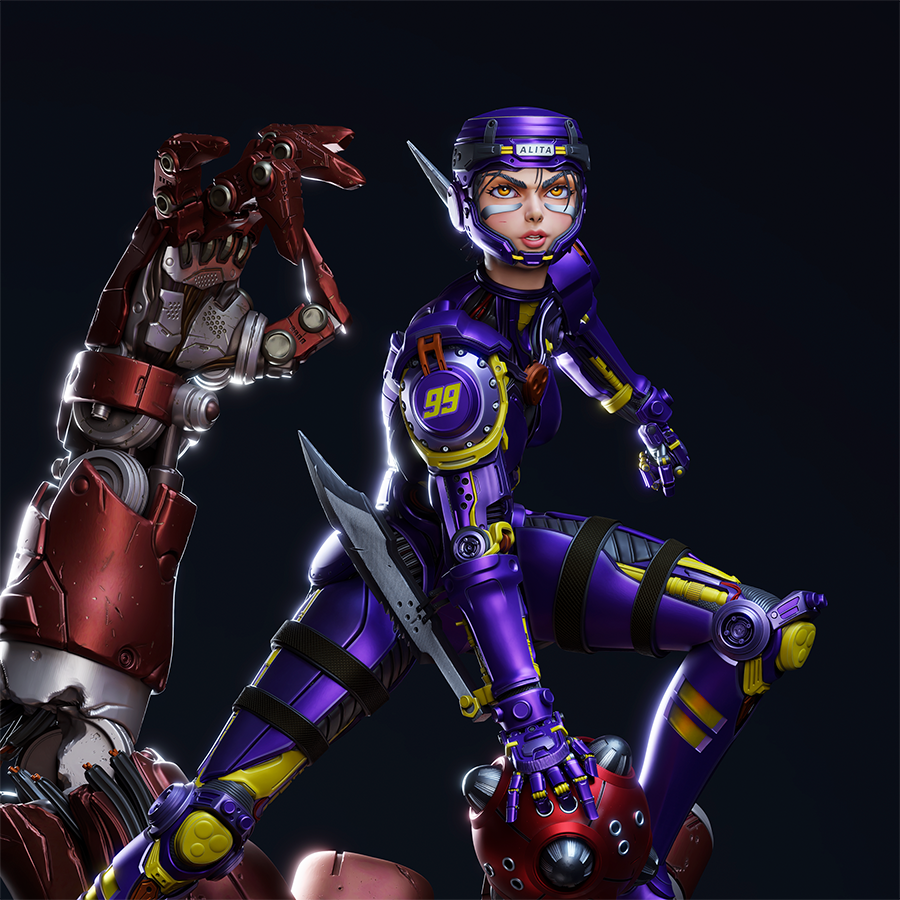 Full-body resin figure of Alita in cybernetic armor and combat pose, sculpted by CA3D