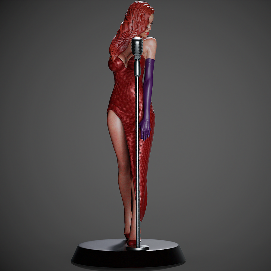 Jessica Rabbit full figure in red dress holding microphone, sculpted by CA3D