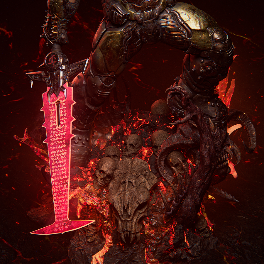 Doom resin figure holding a sword and creature above a skull-covered base