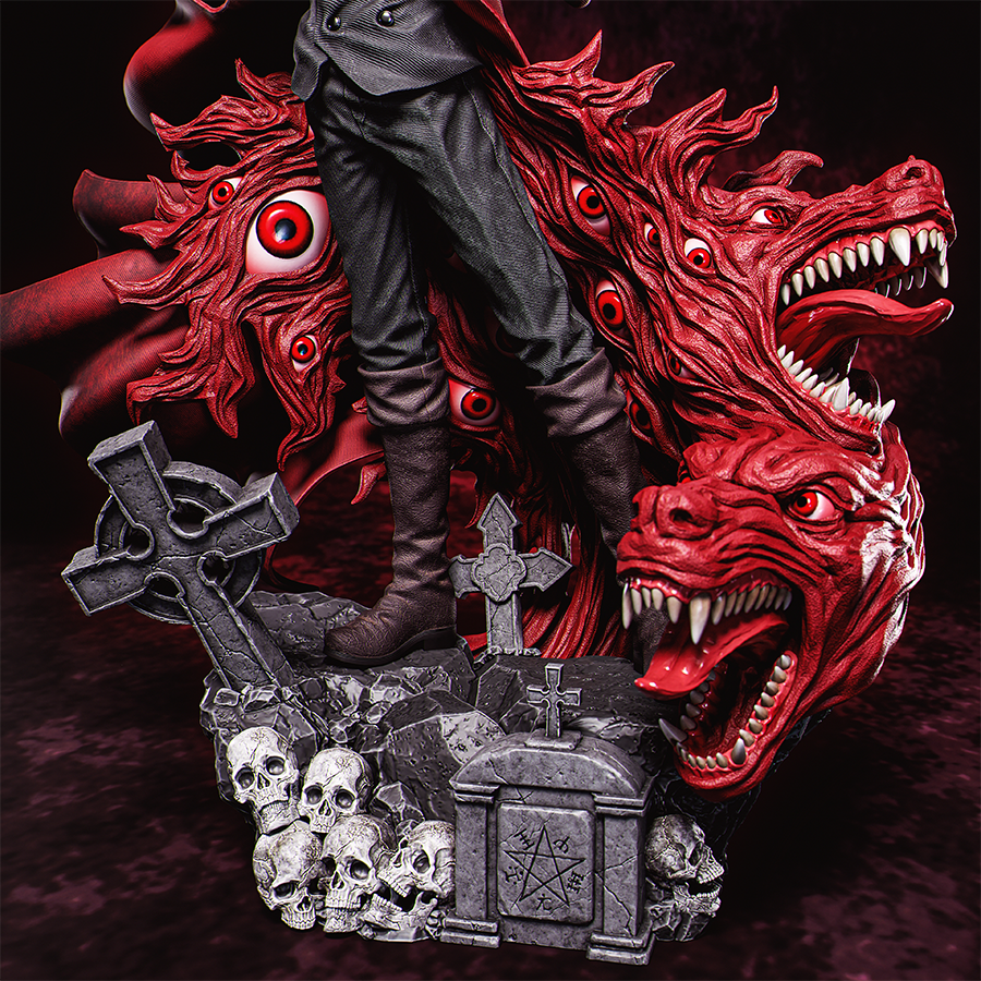 Resin figure of Alucard from Hellsing with coat, hat, and pistols drawn on gothic base