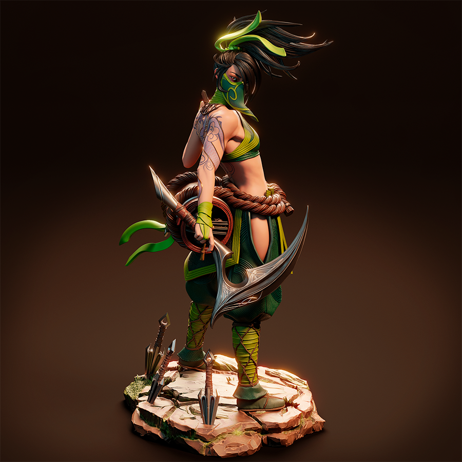 Akali full figure from League of Legends in dynamic ninja pose with dual weapons