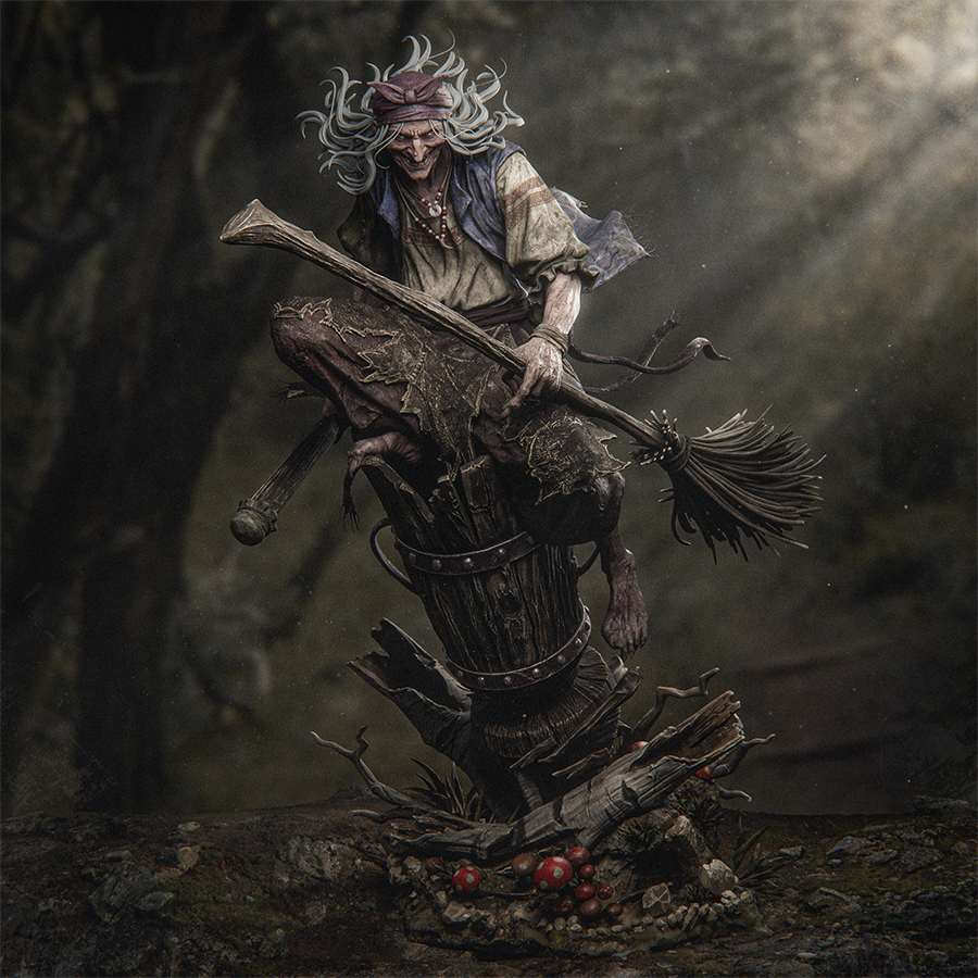 Full resin figure of Baba Yaga with wild hair and robes, standing on a folklore-themed base