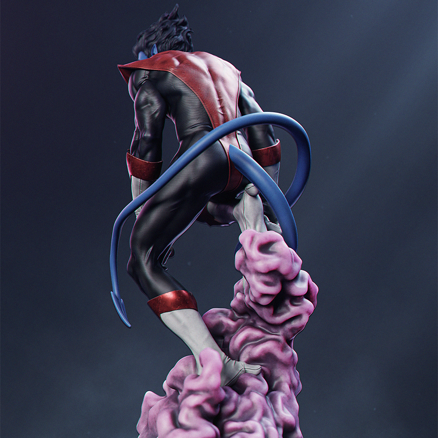 Full resin figure of Nightcrawler from X-Men in crouched pose with tail and superhero costume