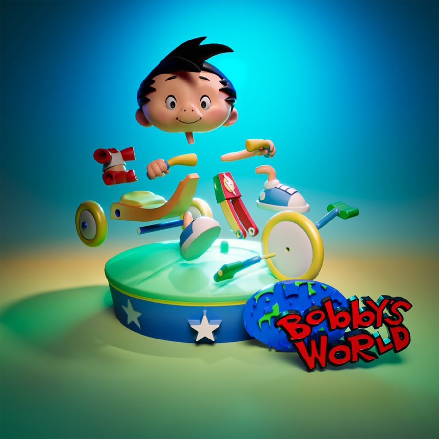 Bobby from Bobby’s World riding a 3-wheeler resin figure in cartoon style