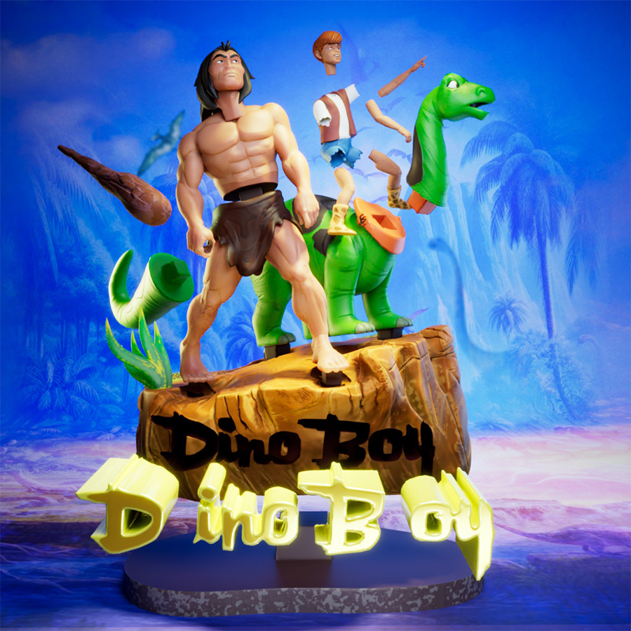 Dino Boy diorama with boy riding brontosaurus and caveman companion in cartoon style