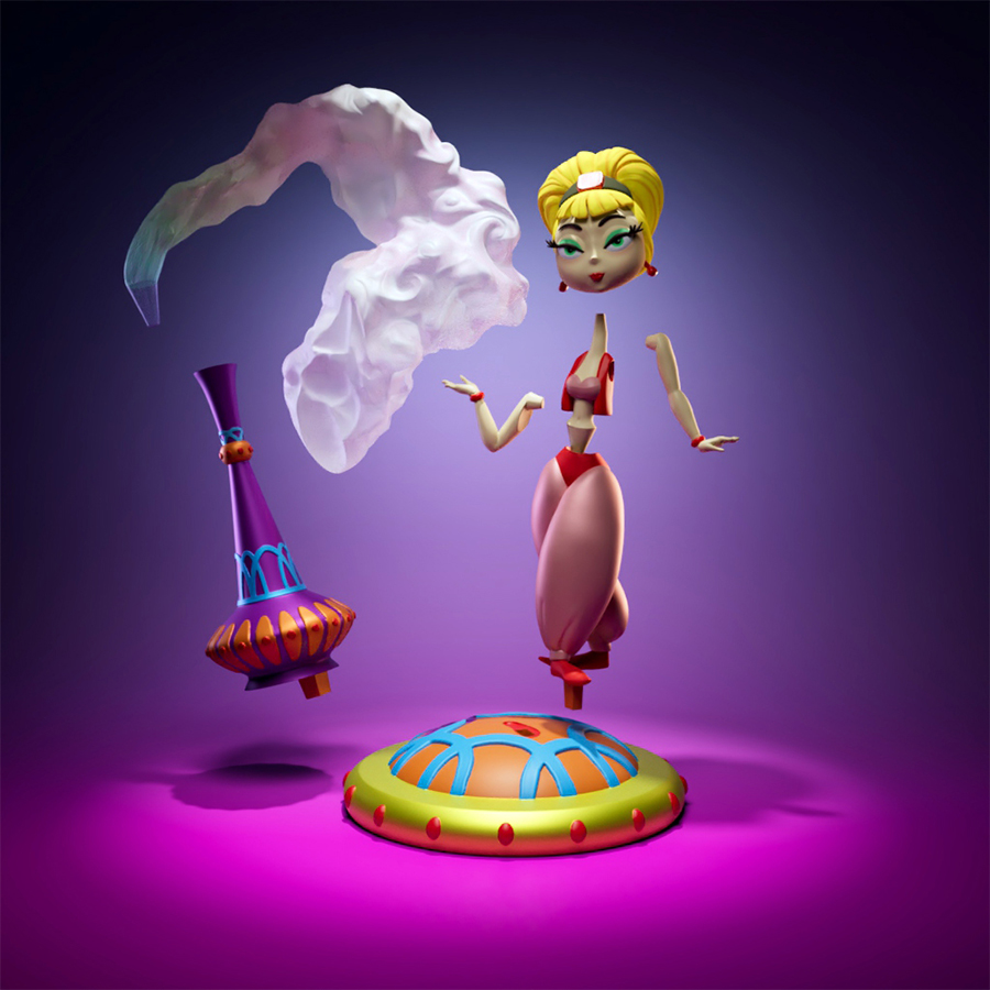 Unpainted 3D printed diorama kit of Jeannie from I Dream of Jeannie standing with smoke and bottle base – 8-piece resin model.