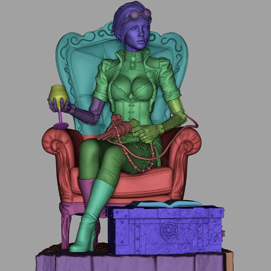 Unassembled resin kit of Lady Mechanika showing gear and clothing details