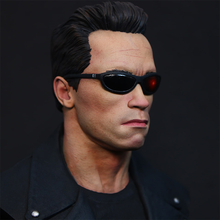 1/6 scale grey resin Terminator bust by CA3D, unpainted and unassembled, with painted sample by Joe Hudson