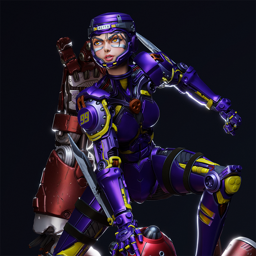 Full-body resin figure of Alita in cybernetic armor and combat pose, sculpted by CA3D