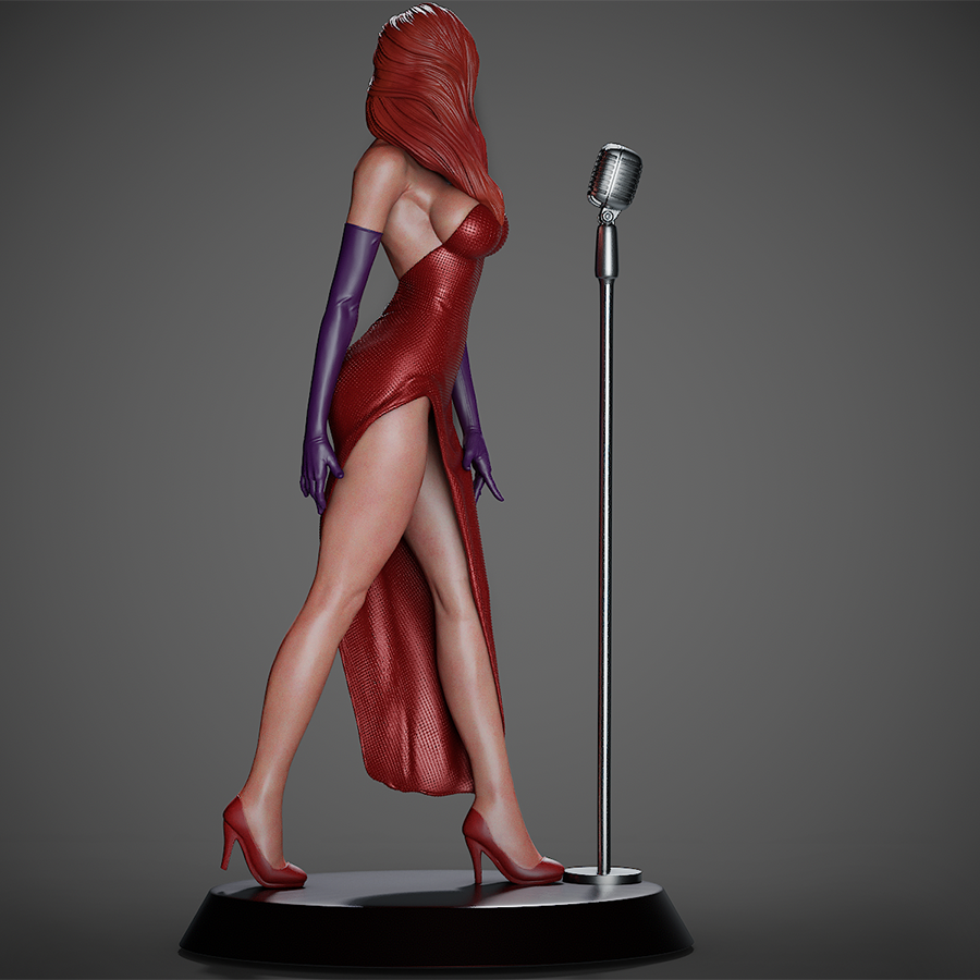Jessica Rabbit full figure in red dress holding microphone, sculpted by CA3D