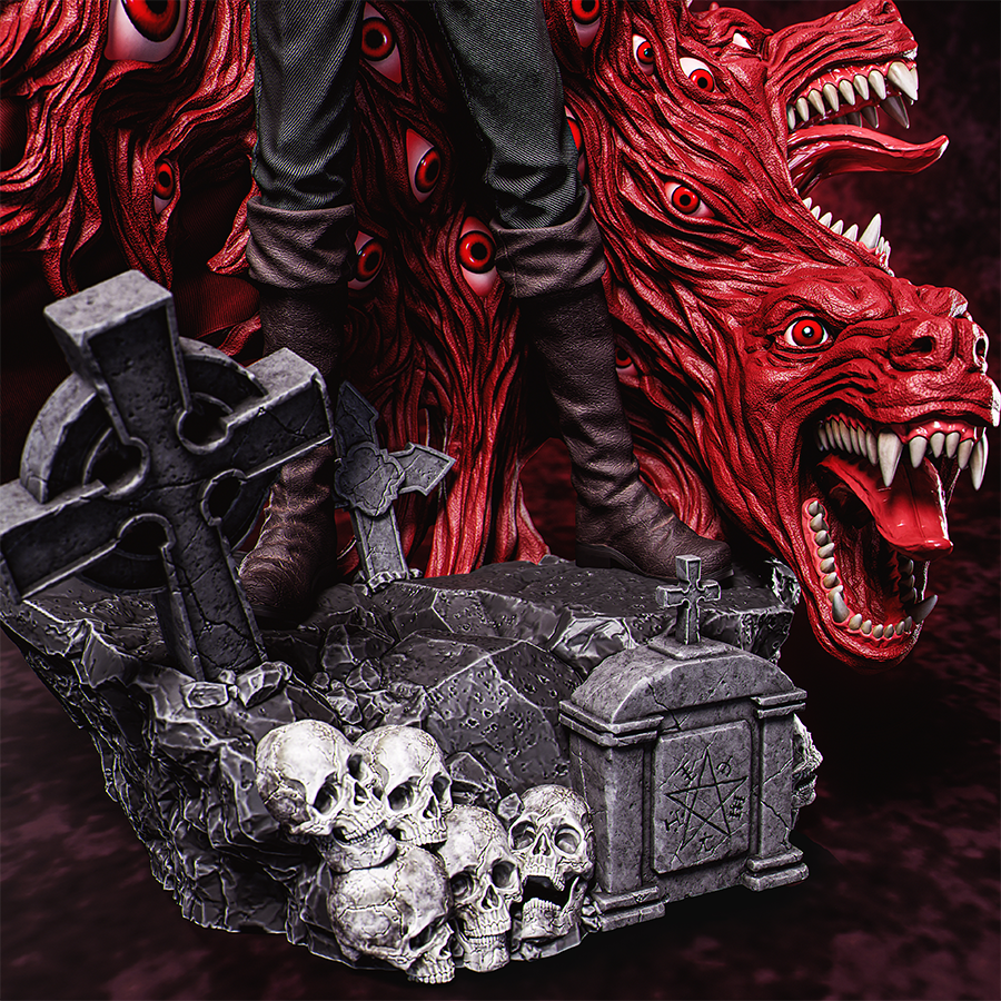 Resin figure of Alucard from Hellsing with coat, hat, and pistols drawn on gothic base
