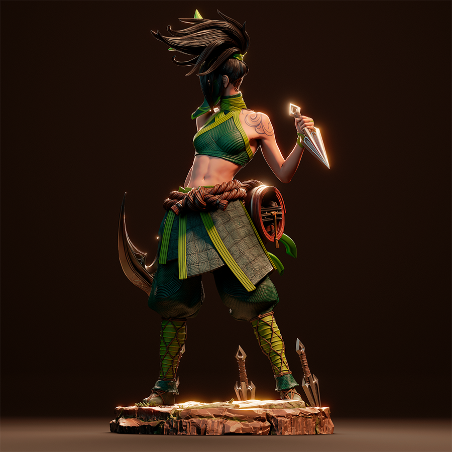 Akali full figure from League of Legends in dynamic ninja pose with dual weapons