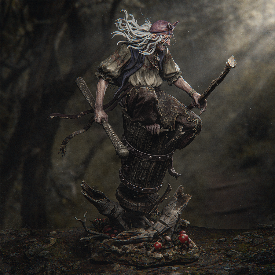 Full resin figure of Baba Yaga with wild hair and robes, standing on a folklore-themed base