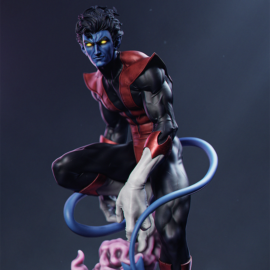 Full resin figure of Nightcrawler from X-Men in crouched pose with tail and superhero costume