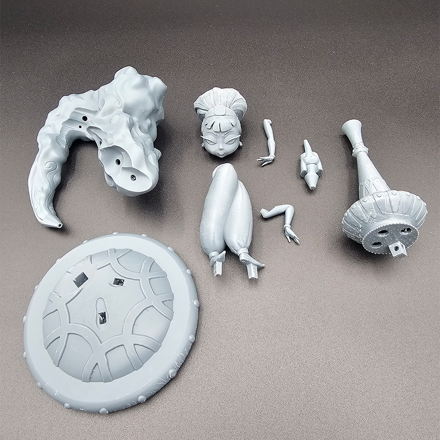 Unpainted 3D printed diorama kit of Jeannie from I Dream of Jeannie standing with smoke and bottle base – 8-piece resin model.