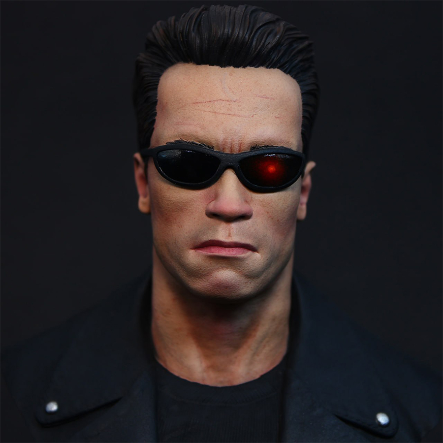1/6 scale grey resin Terminator bust by CA3D, unpainted and unassembled, with painted sample by Joe Hudson